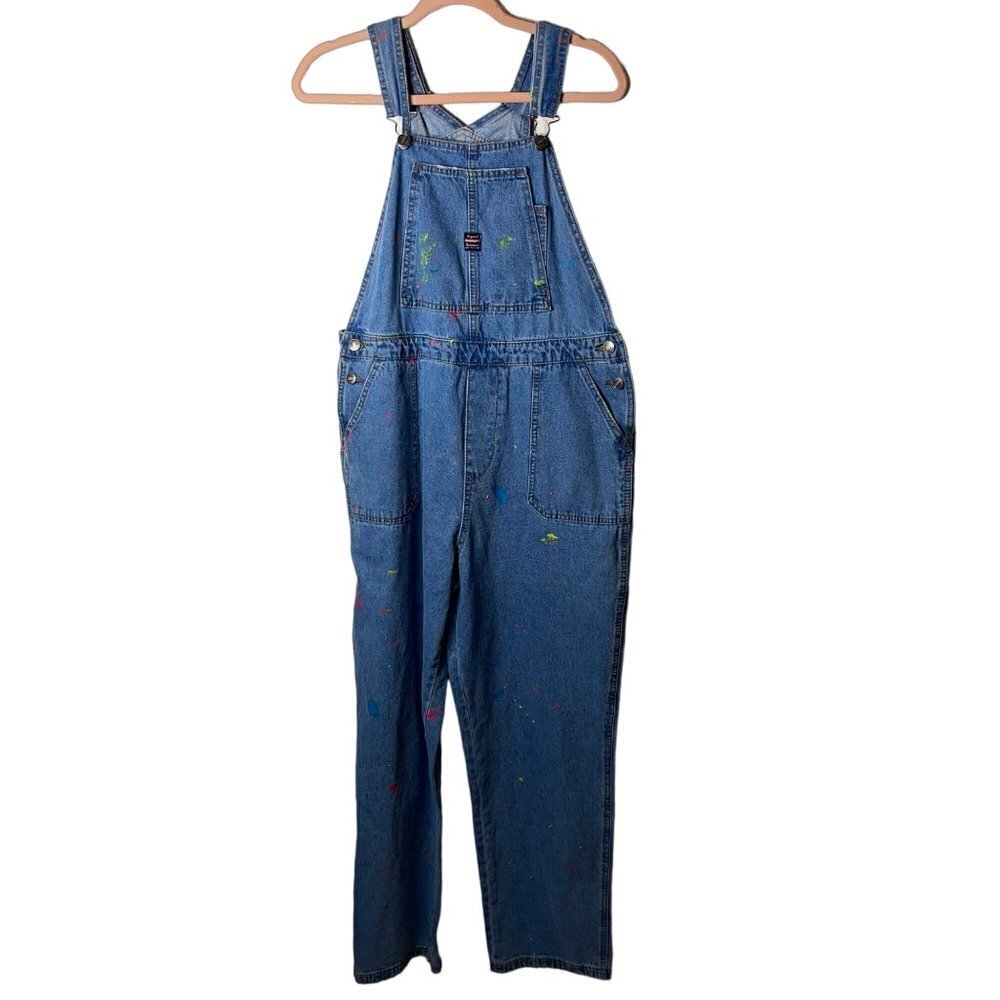 Union Bay Vintage Womens Overalls Size Large Blue Denim Upcycled Paint Splatter